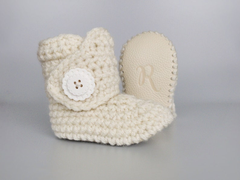 Ivory Infant Booties, Crochet Boots for Babies, Cream Leather Baby Shoes, Unisex Baby Clothes, Baby Baptism Shoes for Christening image 1