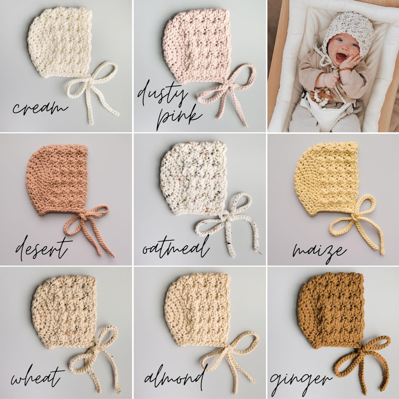 Baby Bonnets in Newborn to Toddler in beige wheat and ivory oatmeal, Gender Neutral Baby Shower Gift, Newborn Photo Props image 5