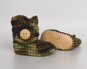 Gender Neutral Camouflage and Brown Leather Crochet Baby Booties, Earthy and Neutral Baby Shower Gift for Girl or Boy