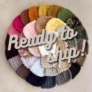 May include: A variety of crocheted hats in different colors and patterns, arranged in a circle. The hats are ready to ship.