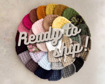 May include: A variety of crocheted hats in different colors and patterns, arranged in a circle. The hats are ready to ship.