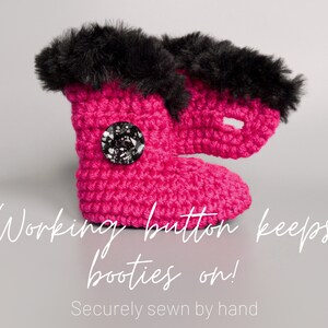Hot Pink and Black Fur Winter Crochet Baby Booties for Girl, Black Leather Crib Shoes, Punk Fuchsia Baby Girl Shoes, Winter Baby Shower Gift image 3