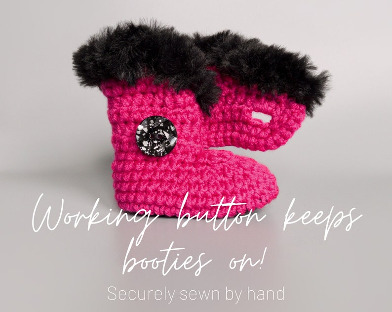 Hot Pink and Black Fur Winter Crochet Baby Booties for Girl, Black Leather Crib Shoes, Punk Fuchsia Baby Girl Shoes, Winter Baby Shower Gift image 3