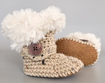 Cream Fall Fur Gender Neutral Crochet Booties Unisex Beige Oatmeal Handmade Leather Soft Sole Baby Shoes Warm Winter Brown Newborn Girl Boot