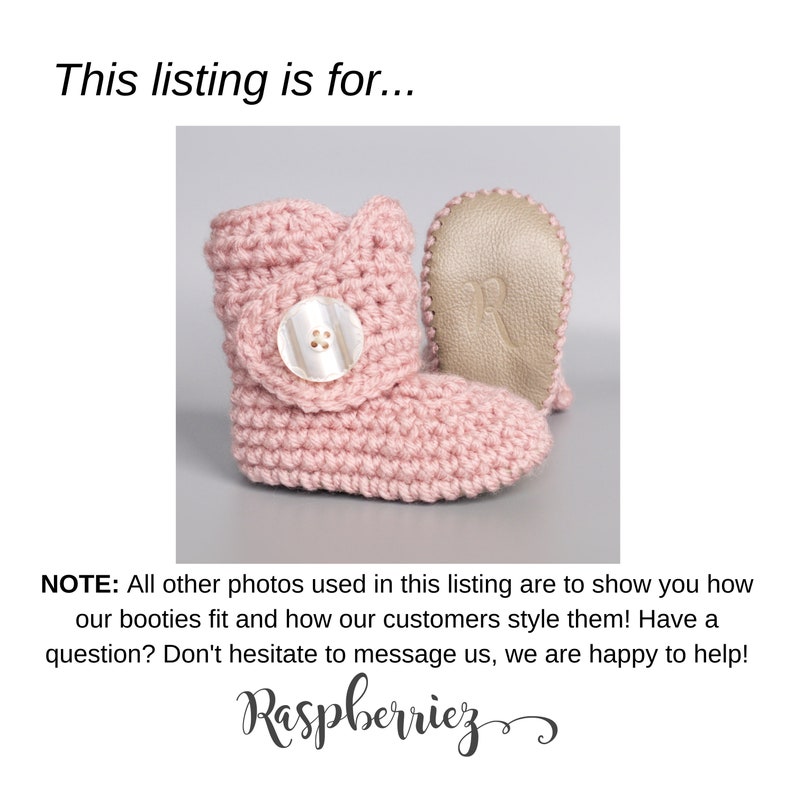 May include: A pair of pink crocheted baby booties with a white button on the front. The booties have a leather sole.