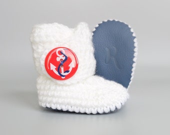 White Baby Booties, Blue Leather Boots, Knitted Infant Booty, Anchor Baby Shoes, Nautical Shower Gift, Fourth of July Baby, Patriotic Baby