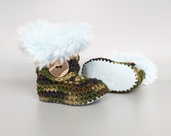 Camouflage and Blue Fur Leather Soled Crochet Baby Booties for Infant Boy, Available in 0-3 Months to 12-18 Months