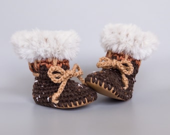 Winter Baby Booties, Warm Crochet Baby Shoes, Brown Infant Boots with Beige Fur, Boho Baby Booties, Gender Neutral Gift, 0-3M to 12-18M