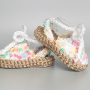 White and Colorful Polka Dot Summer Baby Shoes, Crochet Baby Girl Espadrilles, Spring Coming Home Outfit in 0-3M to 6-12M, Baby Girl Gift