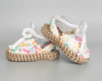 White and Colorful Polka Dot Summer Baby Shoes, Crochet Baby Girl Espadrilles, Spring Coming Home Outfit in 0-3M to 6-12M, Baby Girl Gift