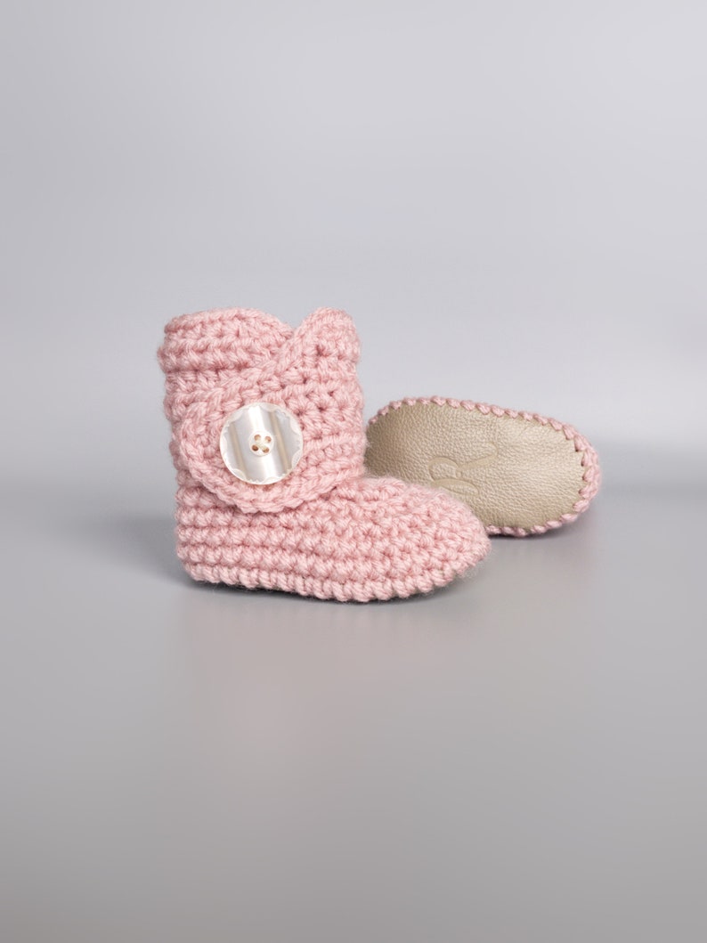 Rose Pink Crochet Baby Shoes, Champagne Leather Baby Boots, Knit Baby Girl Outfit, Ballet Infant Booties, Newborn Baby Gift, 0-3M to 12-18M image 1