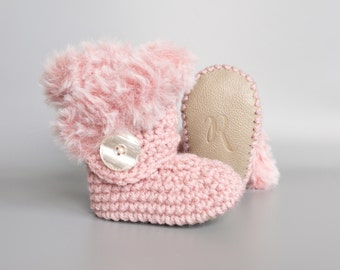 Pink Infant Boots with Fluffy Fur, Spring Crochet Baby Booties, Easter Infant Outfit, Shimmery Leather Crib Shoes, Baby Shower Gift for Girl