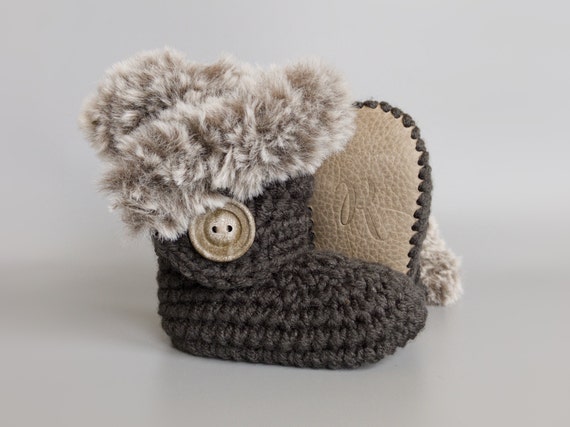 Fur Baby Winter Booties, Neutral Baby Shoes, Gray Crochet Baby Boots, Handmade Newborn Baby Gift and Keepsake