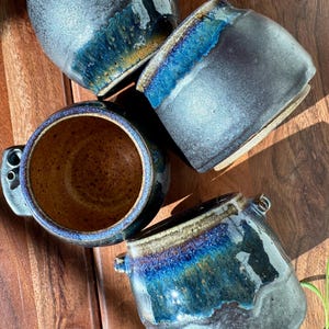 Handmade Ceramic Espresso Cup, Black and Blue Rustic Pottery, Mini Handles