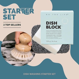 May include: Dishwashing starter set with three top sellers: a gray and white dish scrubber, a wooden brush with bristles, and a bar of solid dish soap in a white box with the text "Dish Block" and "No Tox Life".