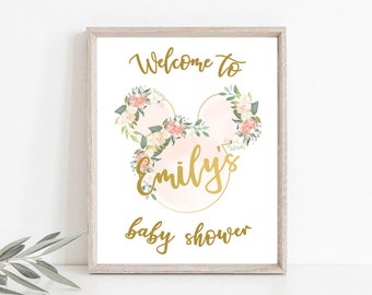 Segno di benvenuto classico Minn Mick Mouse / baby shower, cospargere, vintage, acquerello, rosa, blu, oro, fiore, floreale, carino