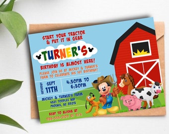 Invito di compleanno in fattoria / avvia il tuo trattore, topolino, club, minnie, fattoria, cowboy, cowgirl, spagnolo, spagnolo, cumpleanos
