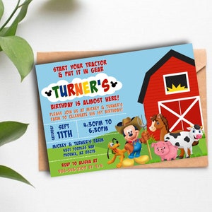 Farmhouse Birthday Invite | start your tractor, mickey, club, minnie, farm, cowboy, cowgirl, spanish, espanol, cumpleanos