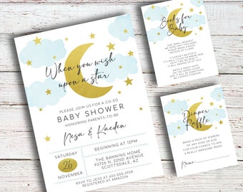 When You Wish Upon a Star / Baby Shower, dis ney, invito, luna e ritorno, stelle, invito, oro, blu, acquerello, stampabile, fai da te