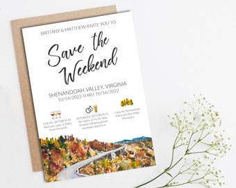 SALVA IL WEEKEND / Acquerello, verde, montagne, alberi, colline, campeggio, autunno, rosso, itinerario, matrimonio, evento, invito, addio al nubilato