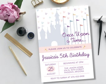 Dis ney Princess Castle / Festa di compleanno, Cenerentola, La bella addormentata nel bosco, invito, invito, vintage, acquerello, fiore, carino, stampabile