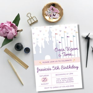 Dis ney Princess Castle | Birthday party, Cinderella, Sleeping Beauty, invite, invitation, vintage, watercolor, flower, pretty, printable