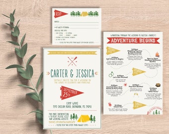 Camping Wedding Suite / invito, rsvp, timeline, mappa, itinerario, tenda, camper, cabina, all'aperto, weekend, lago, montagne, alberi, stampabile