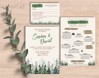Suite per matrimonio in campeggio / invito, RSVP, cronologia, mappa, itinerario, acquerello, all'aperto, weekend, lago, montagne, alberi, stampabile, personalizzato