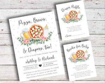 Pizza, birre e pannolini, anche / Digitale, invito per baby shower, birra, bottiglie, bambino, bambina, granella, invito, acquerello, semplice, scaricabile