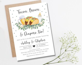 Anche tacos, birre e pannolini / Digitale, invito per baby shower, birra, bottiglie, ragazzo, ragazza, cospargere, invito, acquerello, semplice, scaricabile