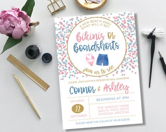 Bikinis or Boardshorts | board shorts gender reveal blue pink gold confetti dots bomb blast cannon he she what do you think invite printable