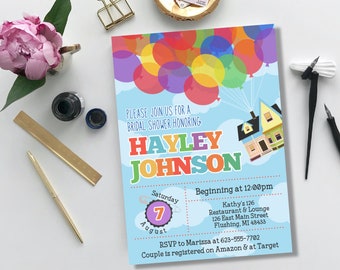 Dis ney Pix ar Up Movie / Bridal shower, baby shower sprinkle, invito alla festa, invito, Russell, Carl, Dug, palloncini, casa, cascate paradisiache