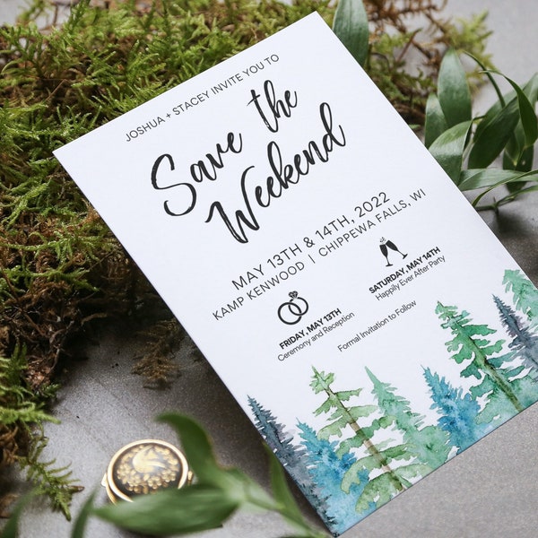 SAVE THE WEEKEND  |  Watercolor, greenery, mountains, pine trees, camping, simple, itinerary, wedding, event, invitation, bachelorette