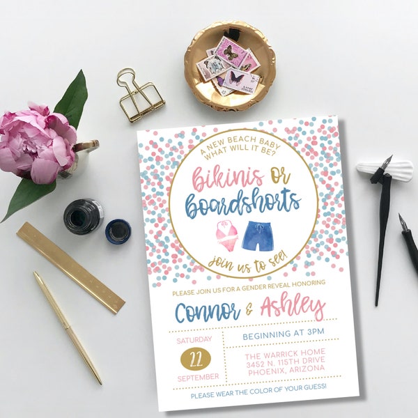 Bikinis or Boardshorts | board shorts gender reveal blue pink gold confetti dots bomb blast cannon he she what do you think invite printable