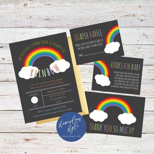 Könnte beinhalten: Ein Satz von drei schwarzen Karten mit Regenbogen-Designs und Text. Die erste Karte ist eine Einladung zu einer Babyparty mit dem Text "Nach jedem Sturm gibt es immer einen Regenbogen". Die zweite Karte ist eine Windel-Tombola-Karte mit dem Text "Windel-Tombola". Die dritte Karte ist eine Buchwunschkarte mit dem Text "Bücher für Baby".