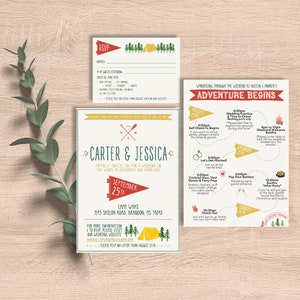 Camping Wedding Suite | invitation, rsvp, timeline, map, itinerary, tent, rv, cabin, outdoors, weekend, lake, mountains, trees, printable