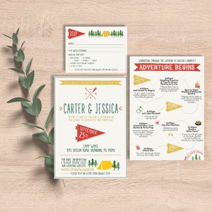 Camping Wedding Suite | invitation, rsvp, chronologie, carte, itinéraire, tente, vr, chalet, extérieur, week-end, lac, montagnes, arbres, imprimable