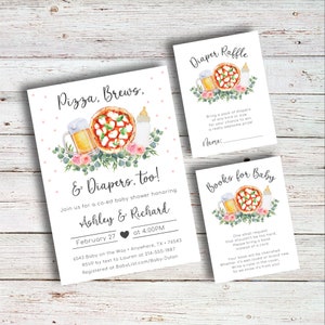 Anche pizza, birre e pannolini / Digitale, invito per baby shower, birra, bottiglie, ragazzo, ragazza, cospargere, invito, acquerello, semplice, scaricabile