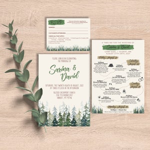 Camping Wedding Suite | invitation, rsvp, timeline, map, itinerary, watercolor, outdoors, weekend, lake, mountains, trees, printable, custom