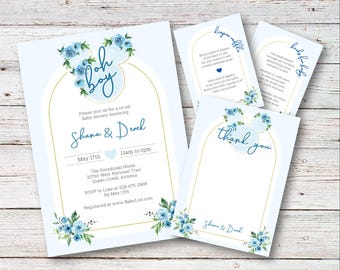 Classico Min nie Mic key Mouse / Baby Shower, oh boy, invito, invito, vintage, acquerello, blu, crema, oro, fiore, carino, stampabile