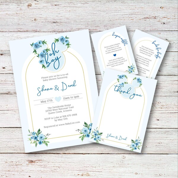 Mini touche micro classique souris | Baby Shower, oh boy, invitation, invitation, vintage, aquarelle, bleu, crème, or, fleur, jolie, imprimable