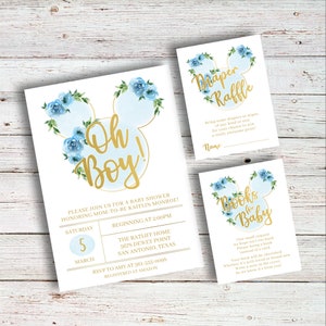 Classic Min nie Mic key Mouse | Baby Shower, oh boy, invite, invitation, vintage, watercolor, blue, cream, gold, flower, pretty, printable