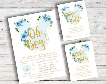 Tasto classico Min nie Mic Mouse / Baby Shower, oh ragazzo, invito, invito, vintage, acquerello, blu, crema, oro, fiore, carino, stampabile