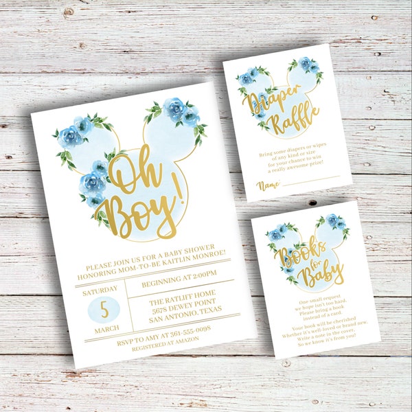 Mini touche micro classique souris | Baby Shower, oh boy, invitation, invitation, vintage, aquarelle, bleu, crème, or, fleur, jolie, imprimable