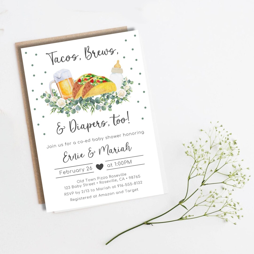 Tacos, Brews & Diapers, Too Digital, Baby Shower Invite, Beer, Bottles, Boy, Girl, Sprinkle