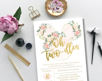 OH TWODLES Classic Minnie Mouse / Compleanno, dis ney, invitare, invito, vintage, acquerello, rosa, oro, fiore, girly, carino, stampabile