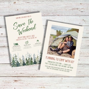SALVA IL WEEKEND / Acquerello, verde, montagne, pini, campeggio, semplice, itinerario, matrimonio, evento, invito, addio al nubilato