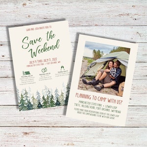 SAVE THE WEEKEND  |  Watercolor, greenery, mountains, pine trees, camping, simple, itinerary, wedding, event, invitation, bachelorette