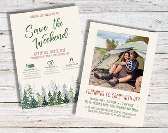 SAVE THE WEEKEND  |  Watercolor, greenery, mountains, pine trees, camping, simple, itinerary, wedding, event, invitation, bachelorette