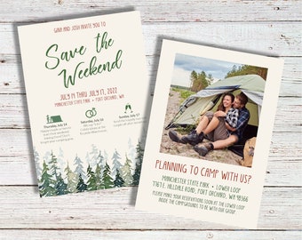 SALVA IL WEEKEND / Acquerello, verde, montagne, pini, campeggio, semplice, itinerario, matrimonio, evento, invito, addio al nubilato